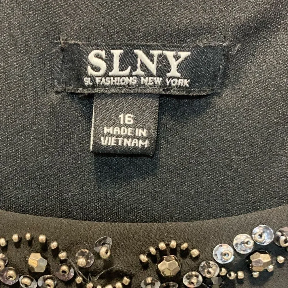 SLNY black Sequin neckline Chiffon polyester Sleeveles Dress sz 16